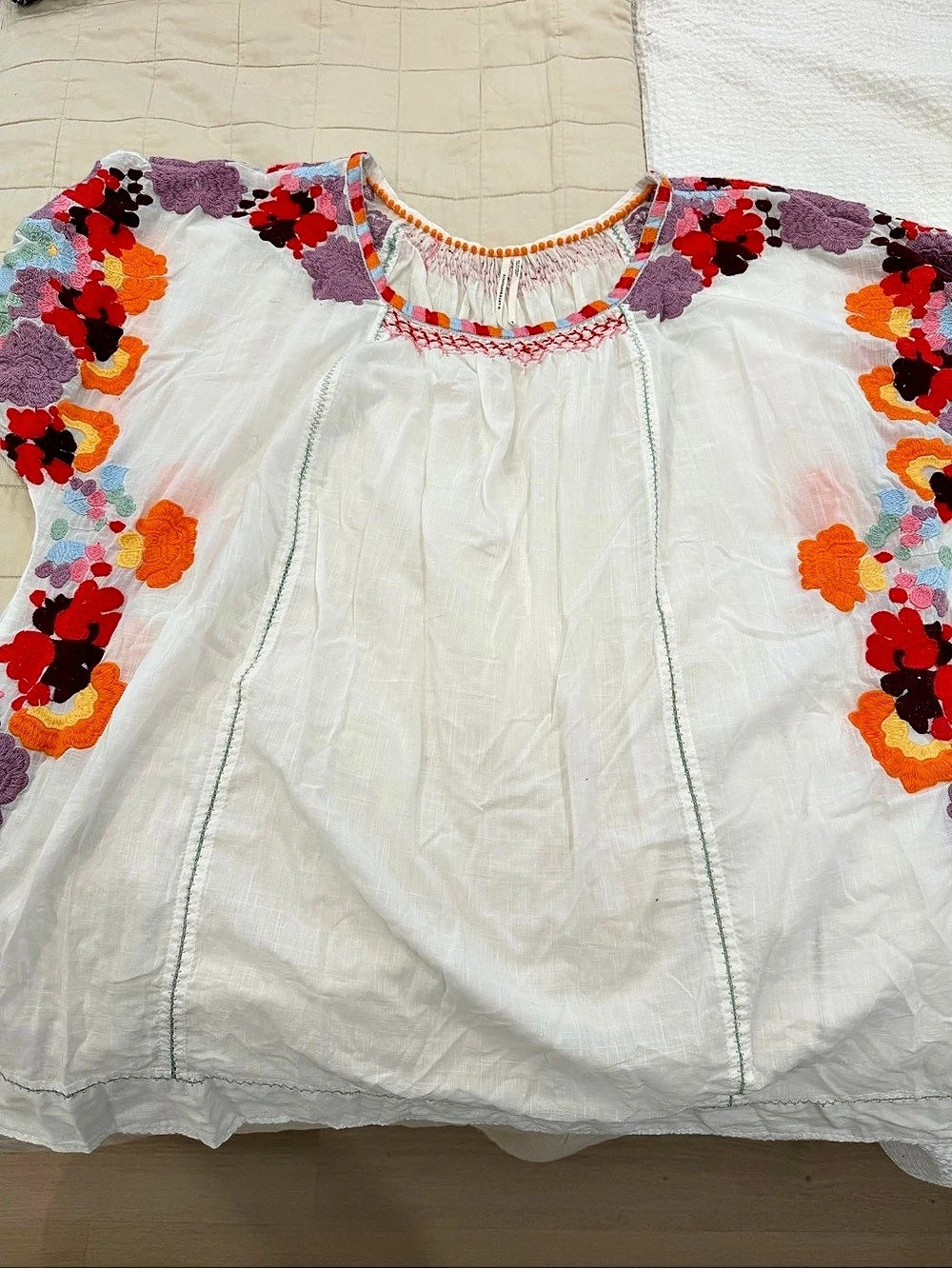 Anthropologie Embroidered Floral Blouse in White & Multicolor X-Large
